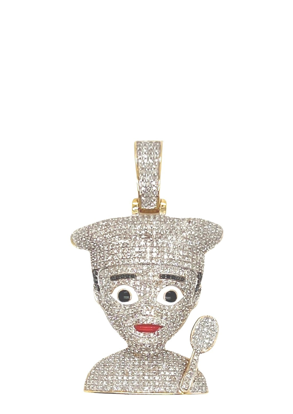 10K Yellow Gold Chef Head with Spoon Emoji Diamond Pendant 1.7 CT 1.65"