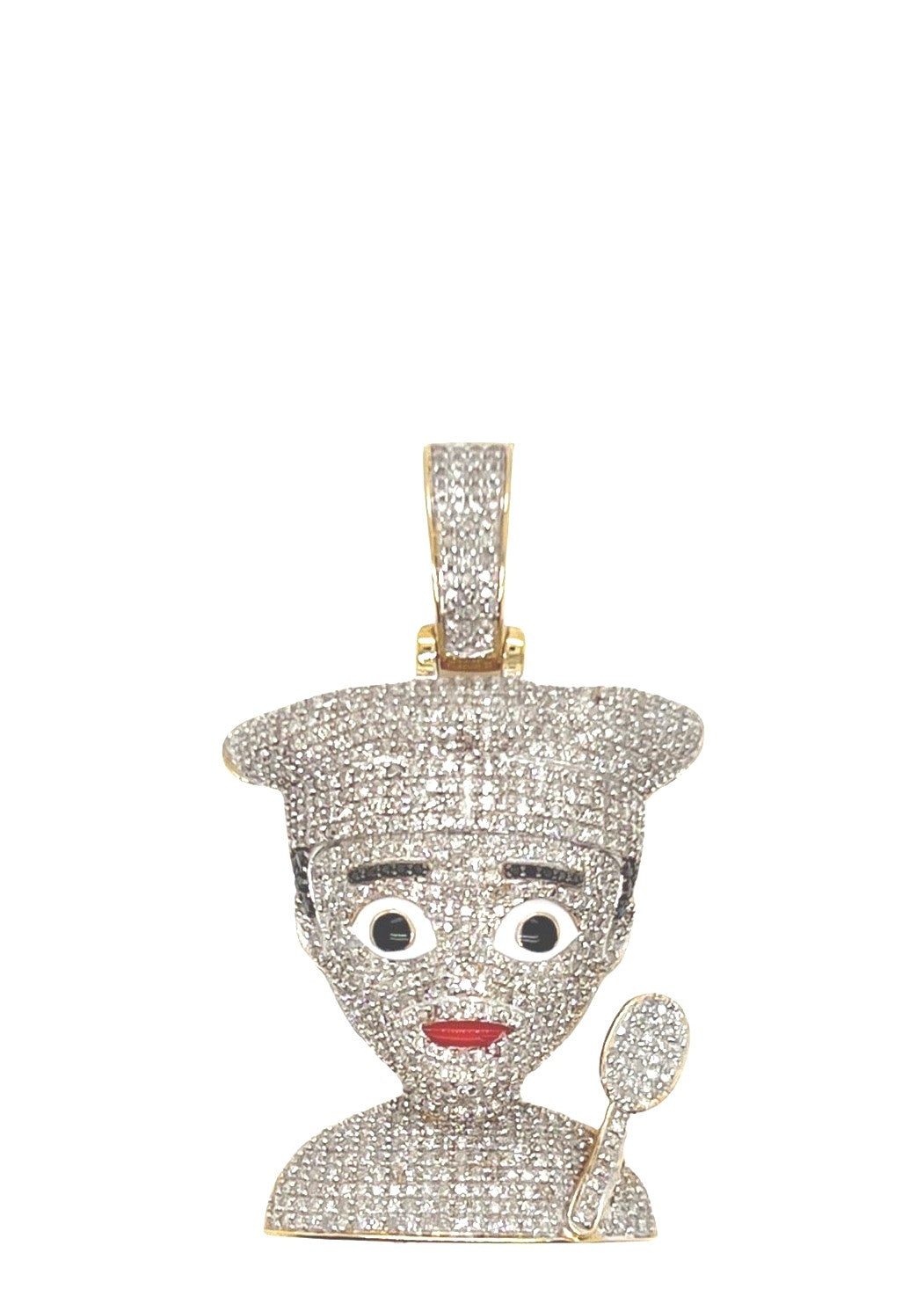 10K Yellow Gold Chef Head with Spoon Emoji Diamond Pendant 1.7 CT 1.65"