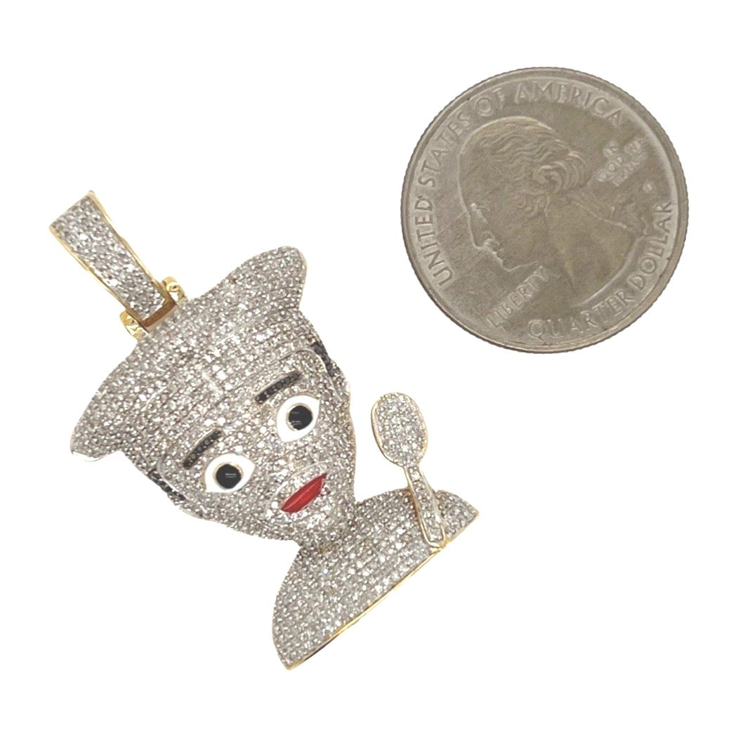 10K Yellow Gold Chef Head with Spoon Emoji Diamond Pendant 1.7 CT 1.65"