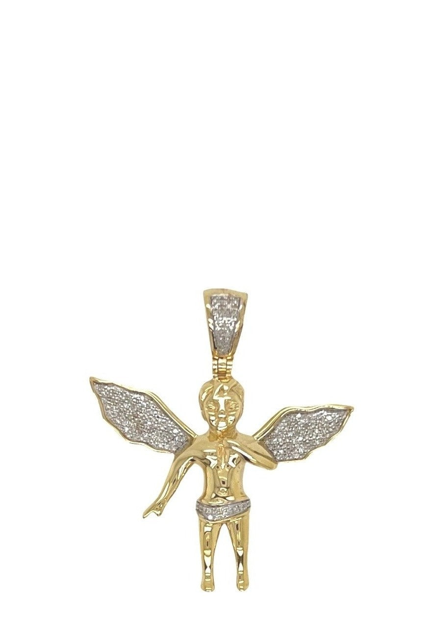 10K Yellow Gold Angel Cherub Diamond Pendant 0.25 CT 1.35"