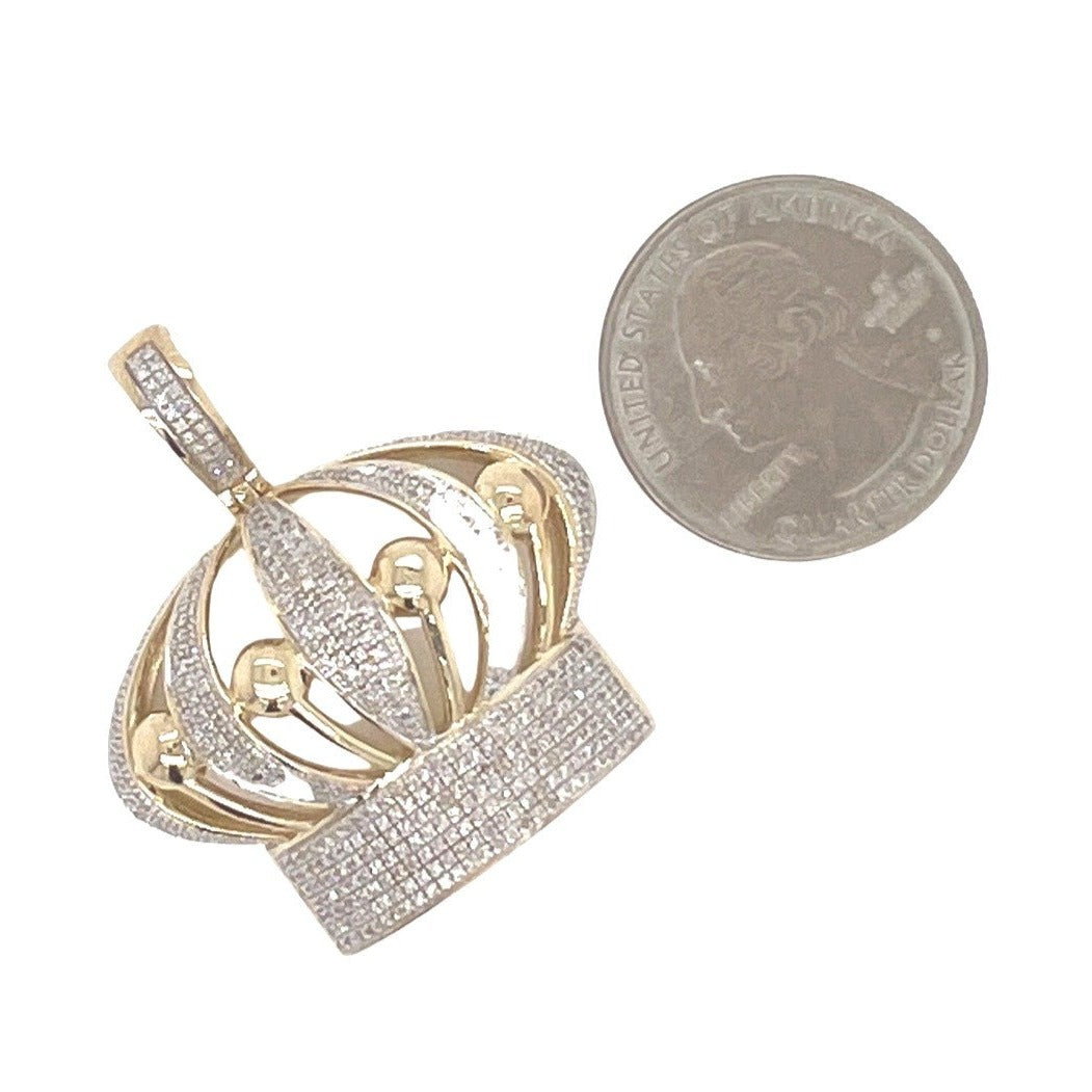10K Yellow Gold Royal Crown King Diamond Pendant 0.90 CT 1.5"