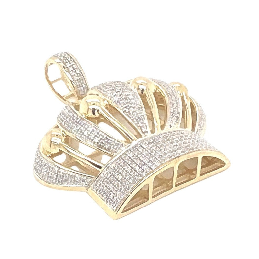 10K Yellow Gold Royal Crown King Diamond Pendant 0.90 CT 1.5"