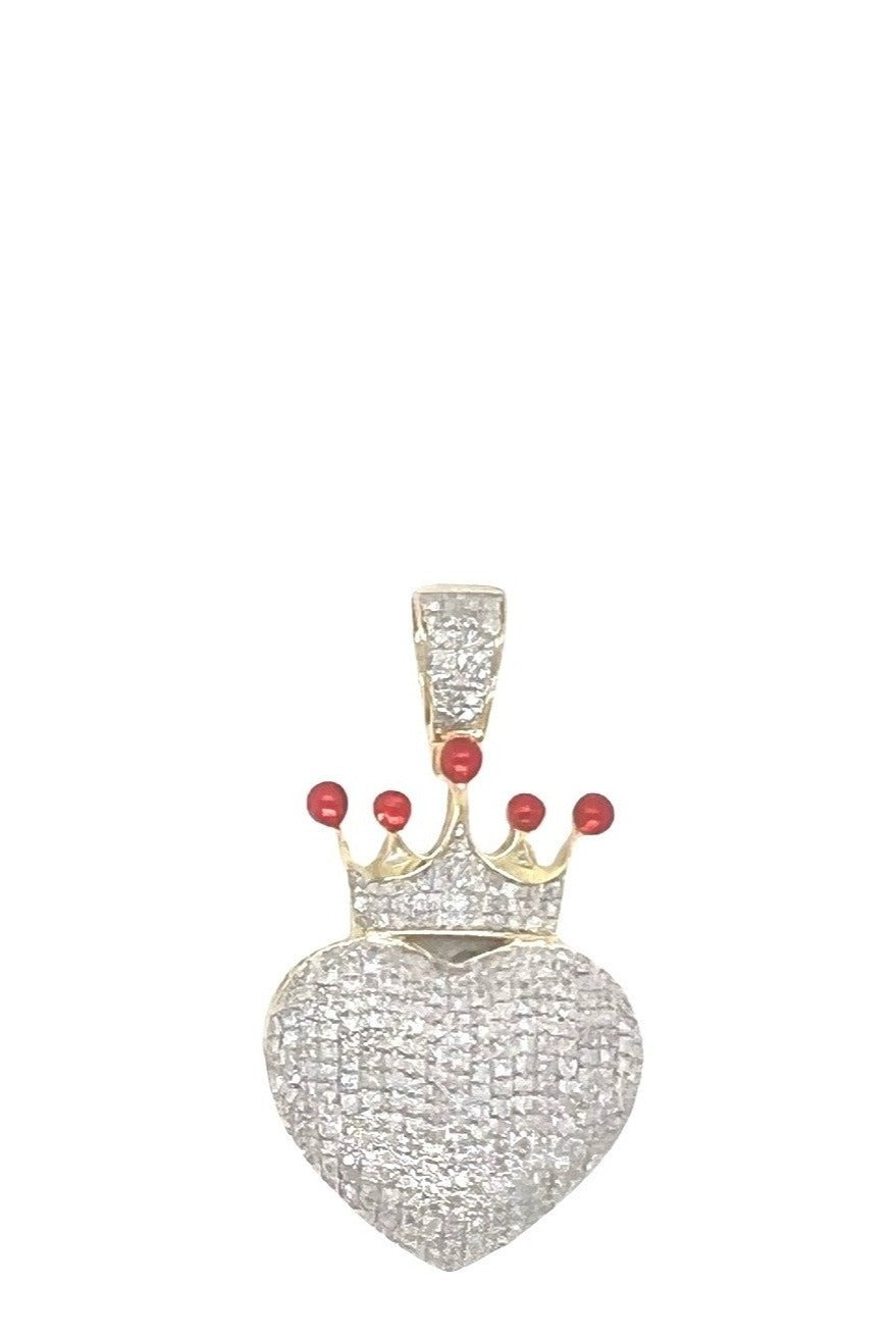 10K Yellow Gold Puffed Crown Heart Diamond Pendant 1.0 CT 1.4"
