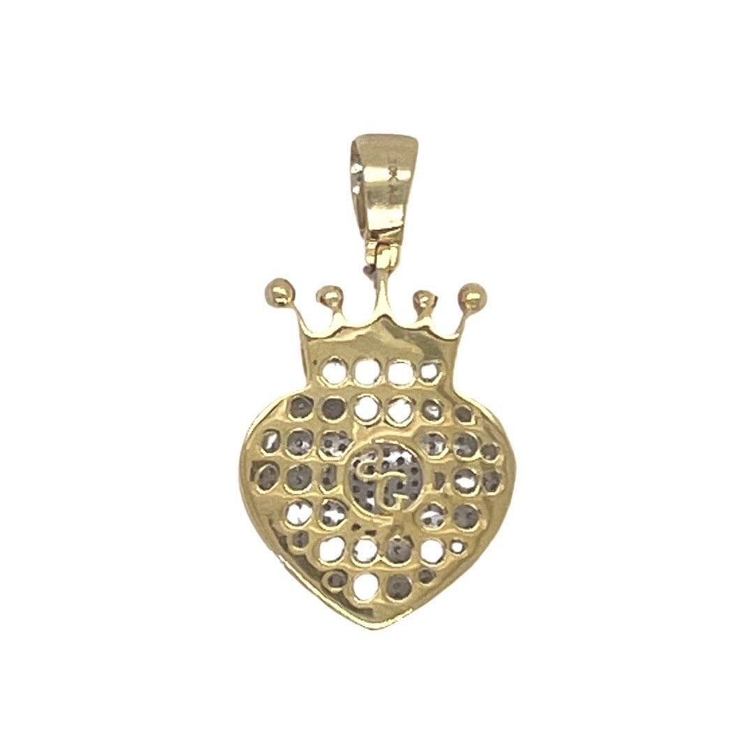 10K Yellow Gold Puffed Crown Heart Diamond Pendant 1.0 CT 1.4"