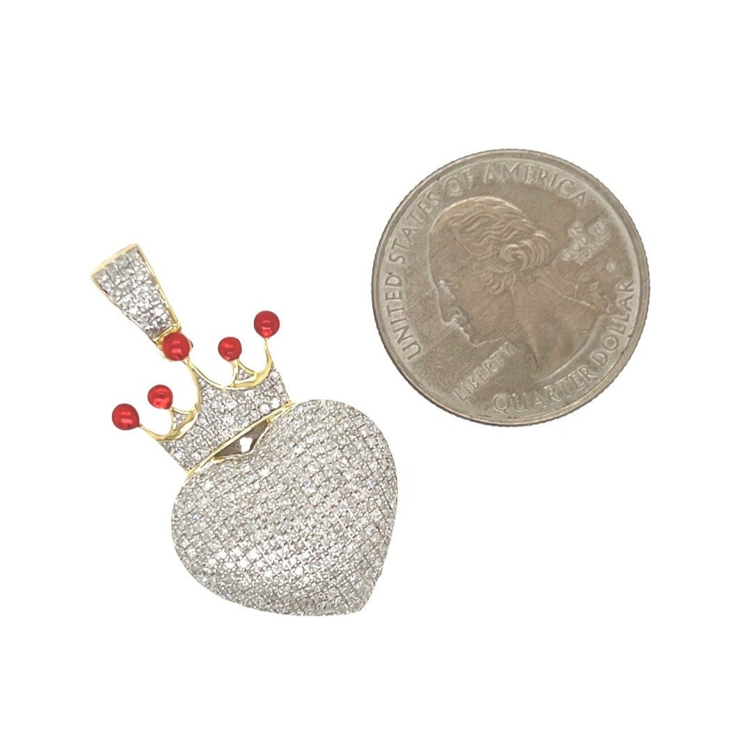 10K Yellow Gold Puffed Crown Heart Diamond Pendant 1.0 CT 1.4"