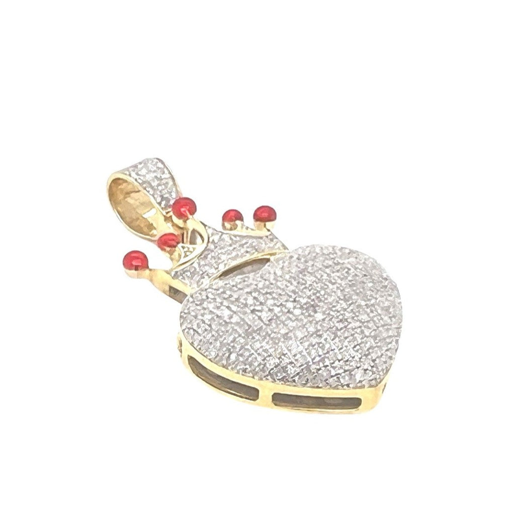 10K Yellow Gold Puffed Crown Heart Diamond Pendant 1.0 CT 1.4"