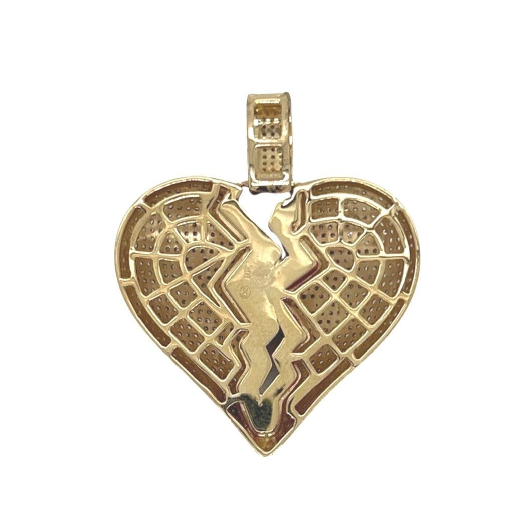 10K Yellow Gold Puffed Broken Heart Diamond Pendant 1.5 CT 1.35"