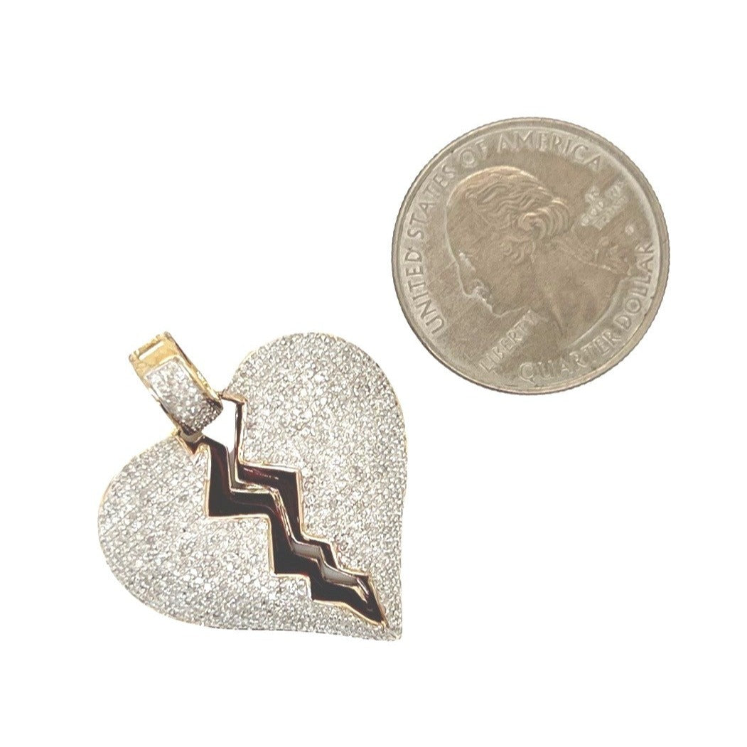 10K Yellow Gold Puffed Broken Heart Diamond Pendant 1.5 CT 1.35"