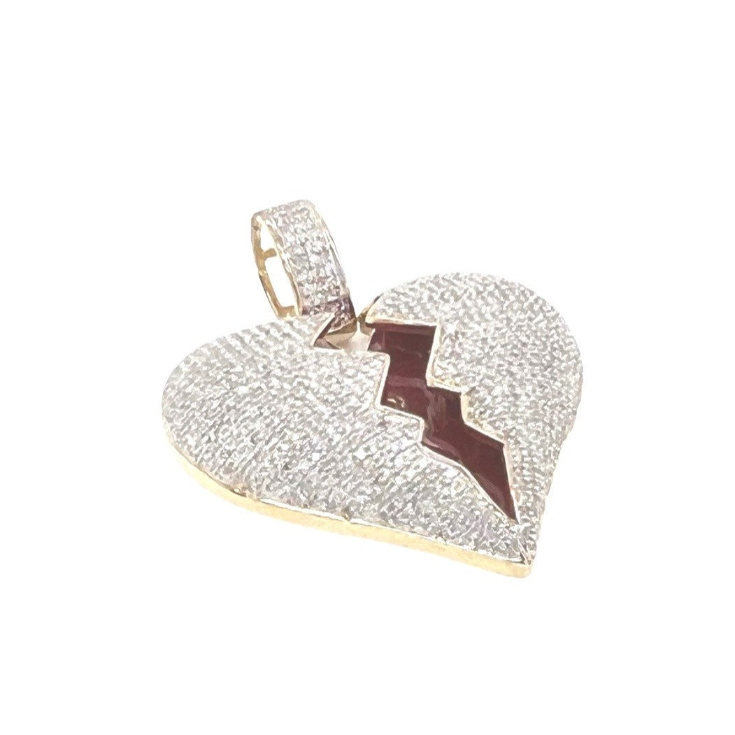 10K Yellow Gold Puffed Broken Heart Diamond Pendant 1.5 CT 1.35"