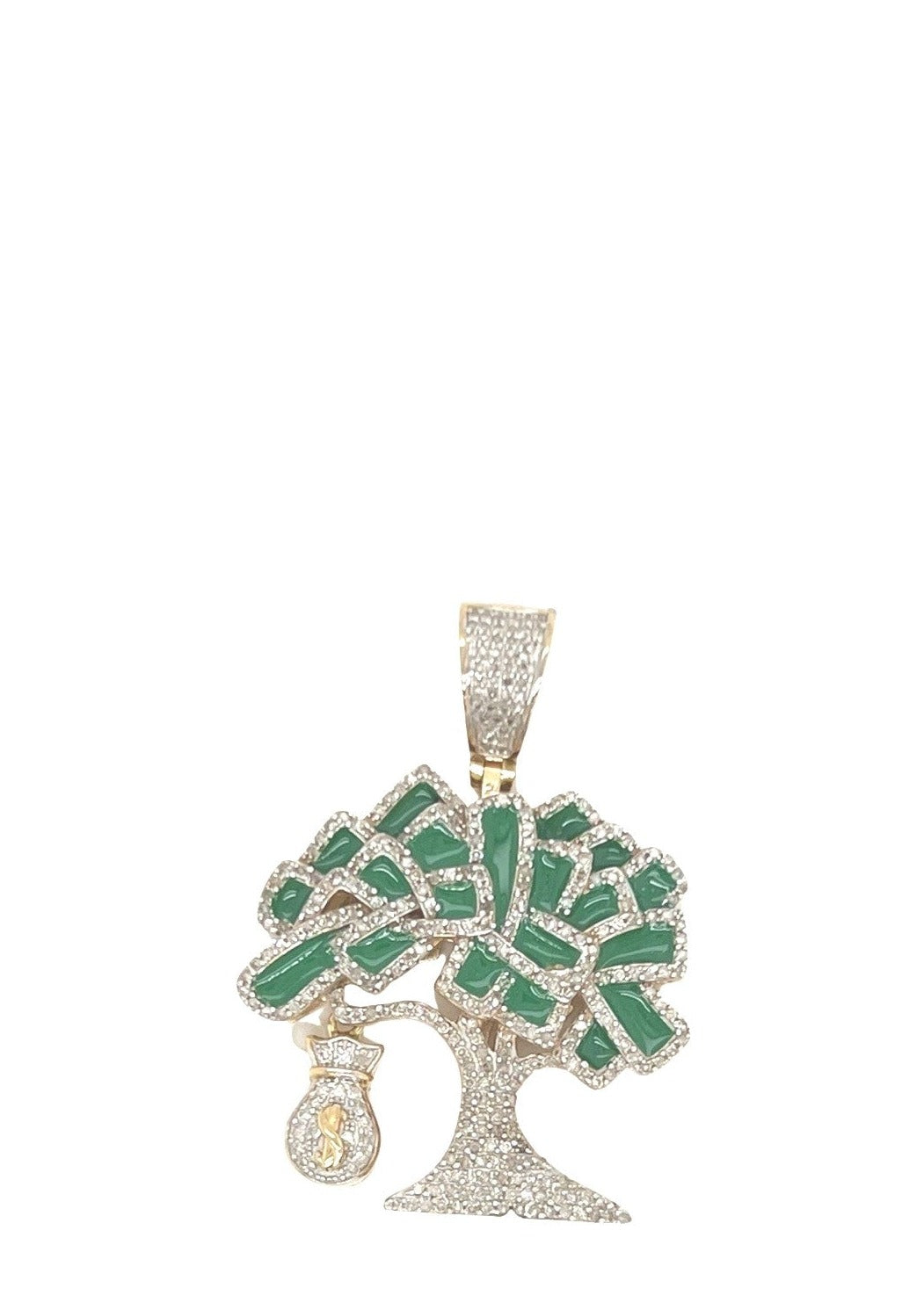 10K Yellow Gold Dollar Tree with Money Bag Diamond Pendant 0.65 CT 1.35"