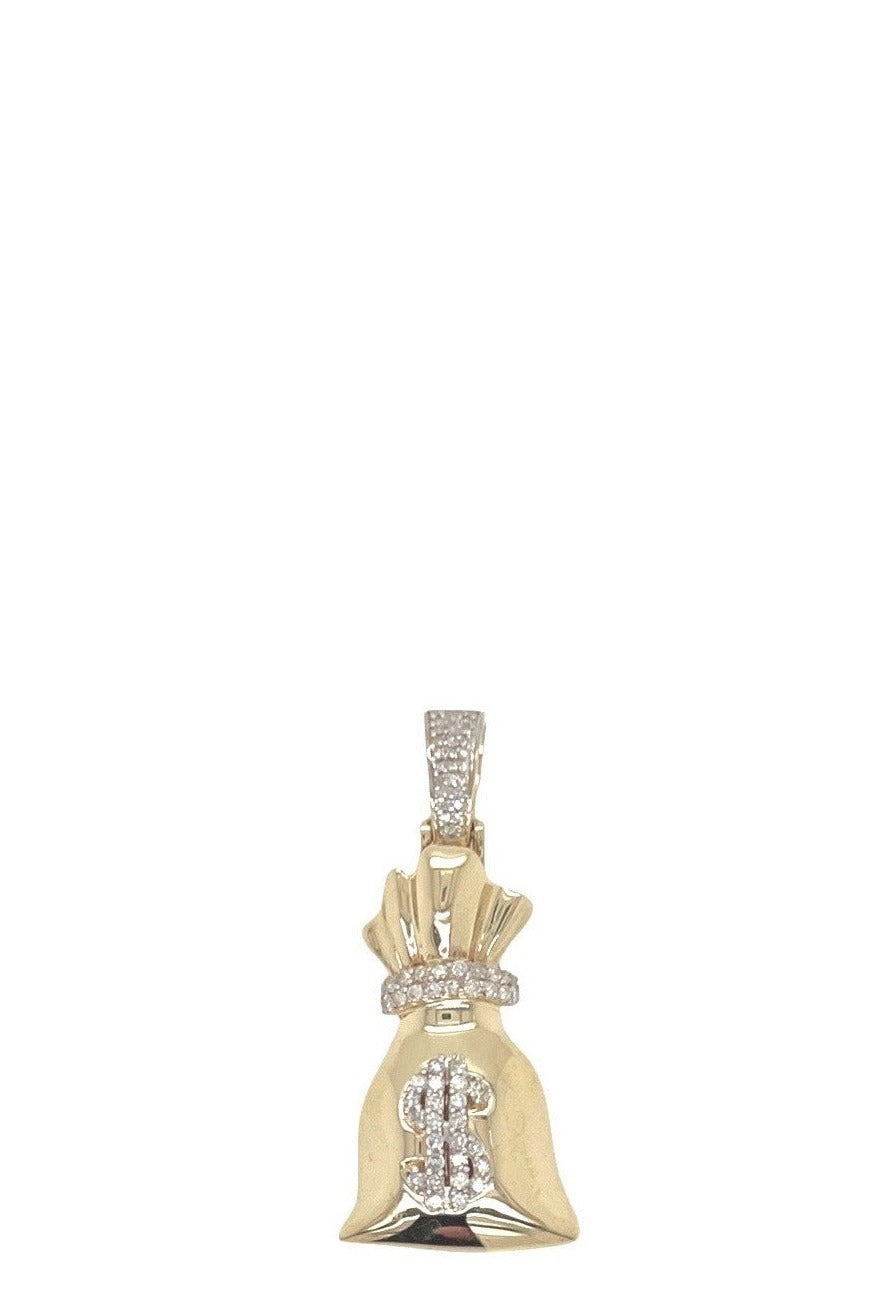 10K Yellow Gold Moneybag $ Sign Diamond Pendant 0.35 CT 1.3"