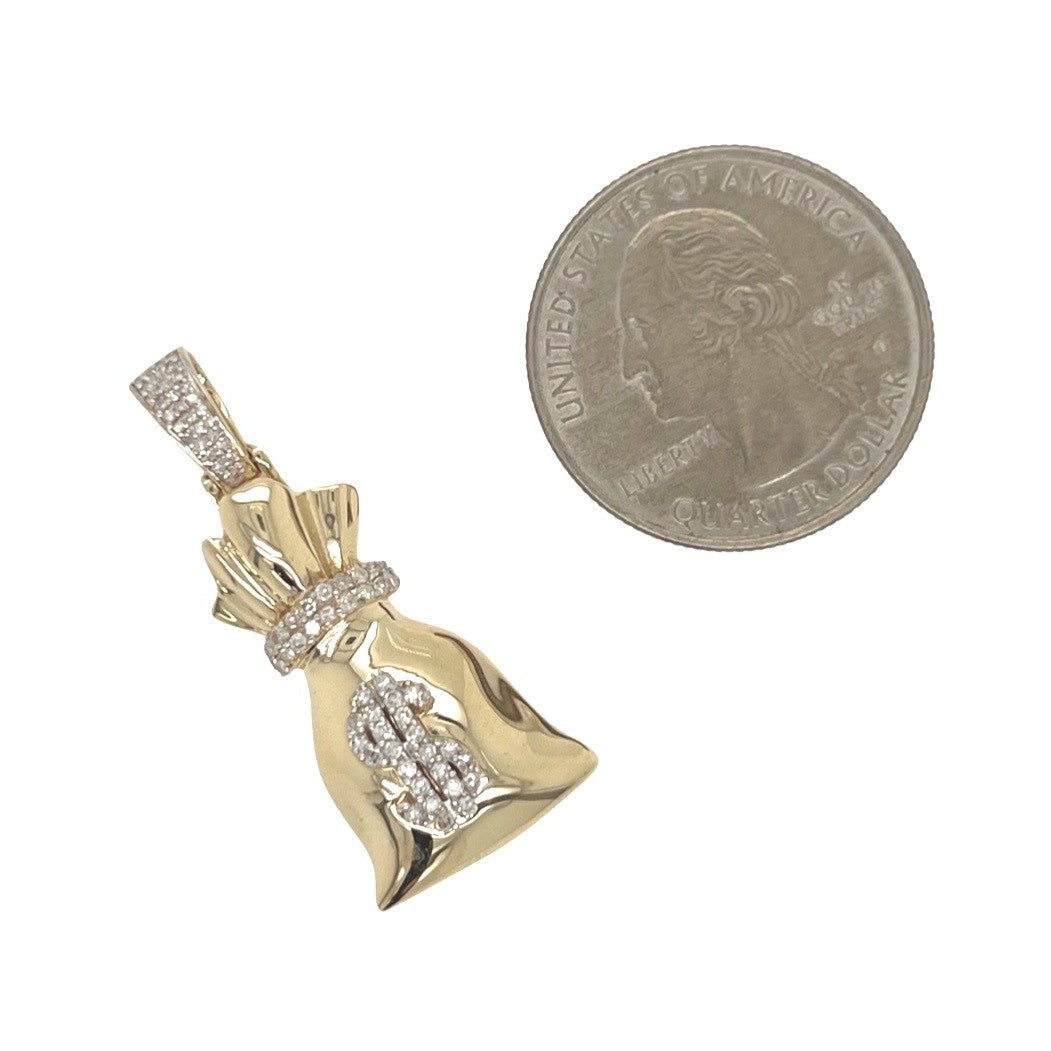 10K Yellow Gold Moneybag $ Sign Diamond Pendant 0.35 CT 1.3"