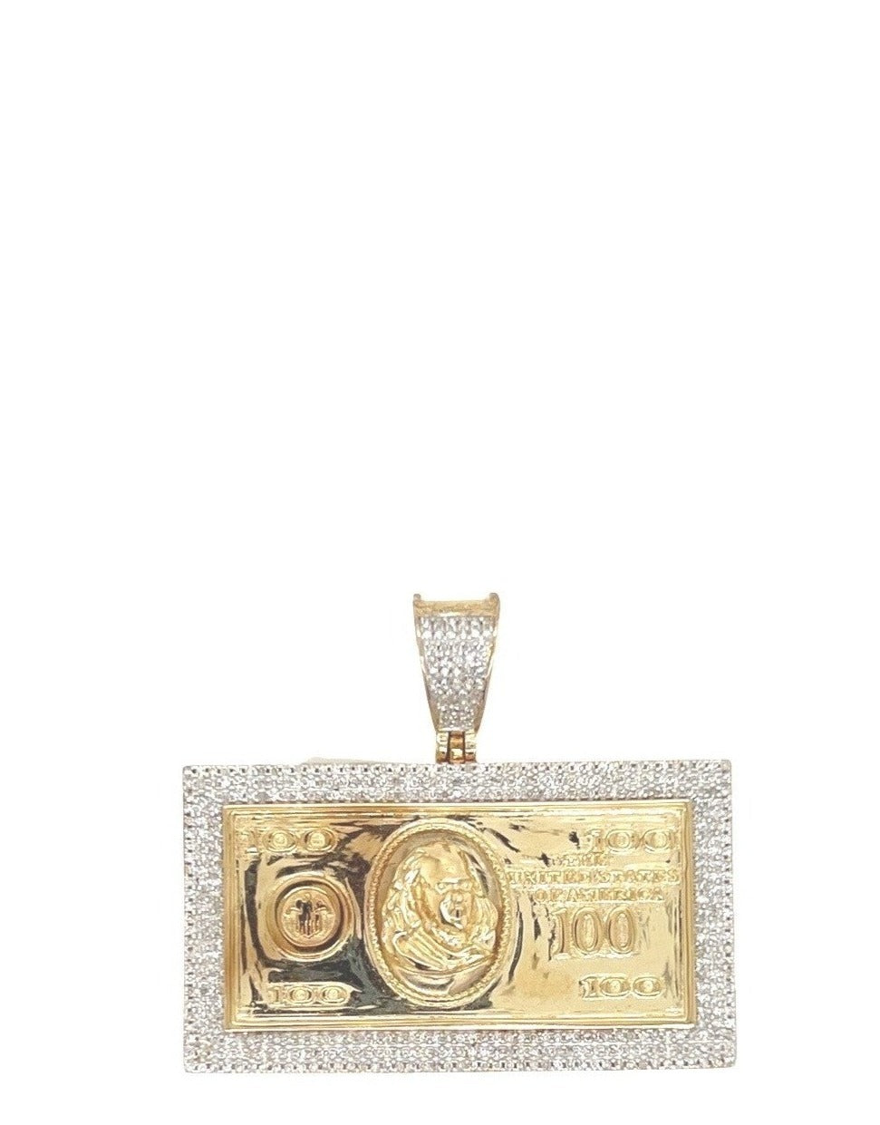 10K Yellow Gold Hundred Dollar $100 Bill Diamond Pendant 0.70 CT 1.35"