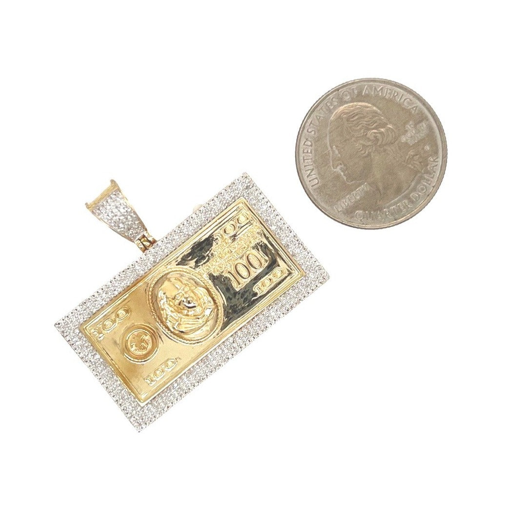 10K Yellow Gold Hundred Dollar $100 Bill Diamond Pendant 0.70 CT 1.35"