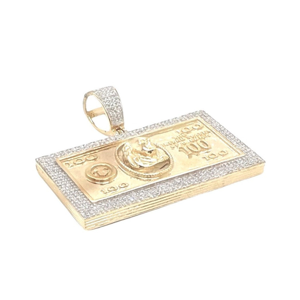 10K Yellow Gold Hundred Dollar $100 Bill Diamond Pendant 0.70 CT 1.35"