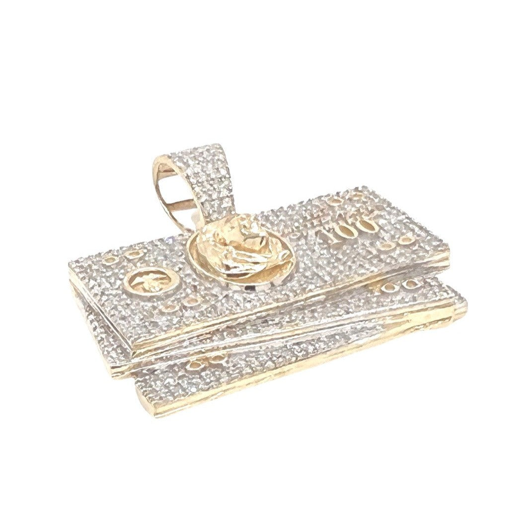10K Yellow Gold Hundred Dollar $100 Stack Diamond Pendant 1.15 CT 1.15"