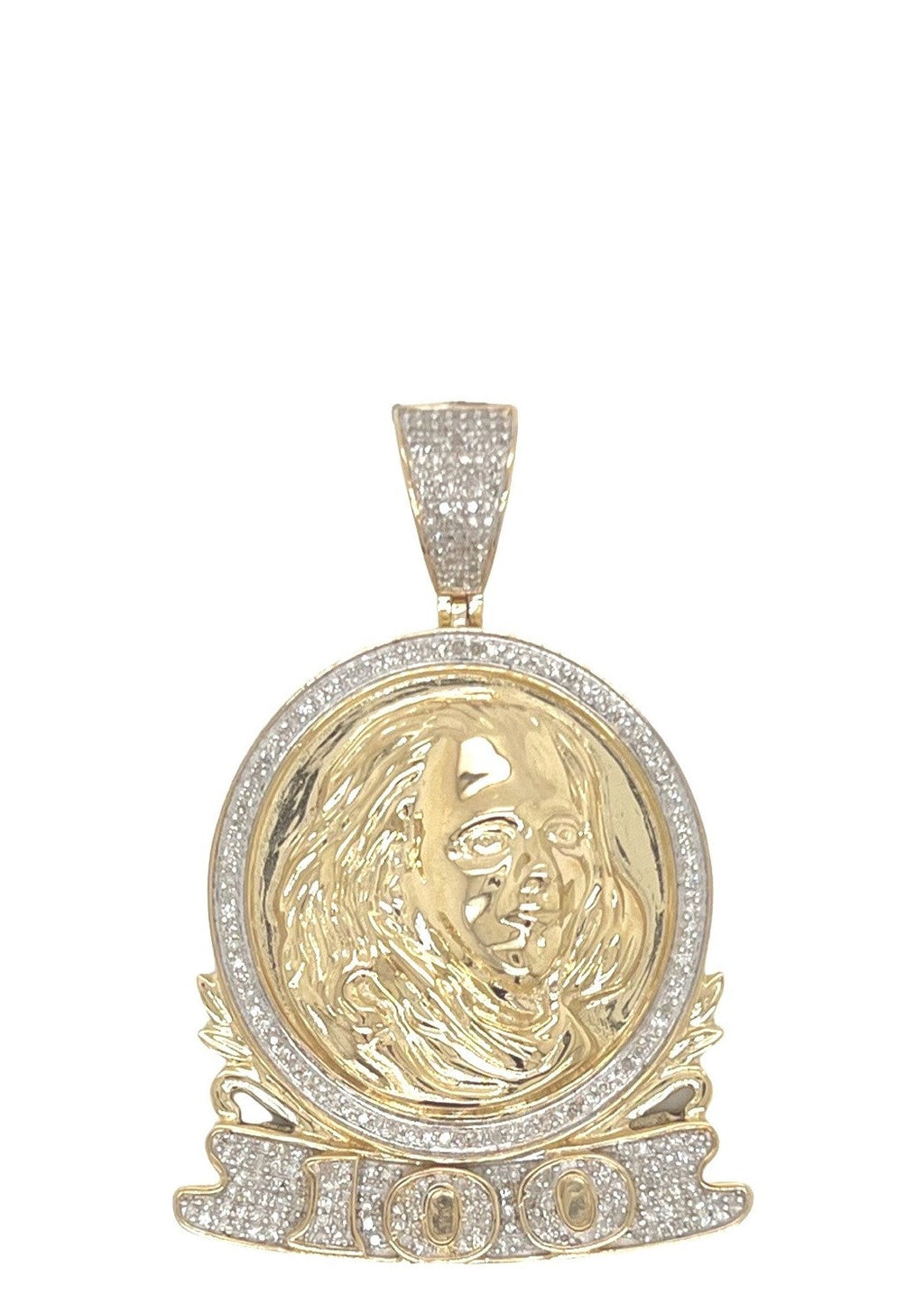 10K Yellow Gold Benjamin Franklin Head 100 Diamond Pendant 0.55 CT 1.75"