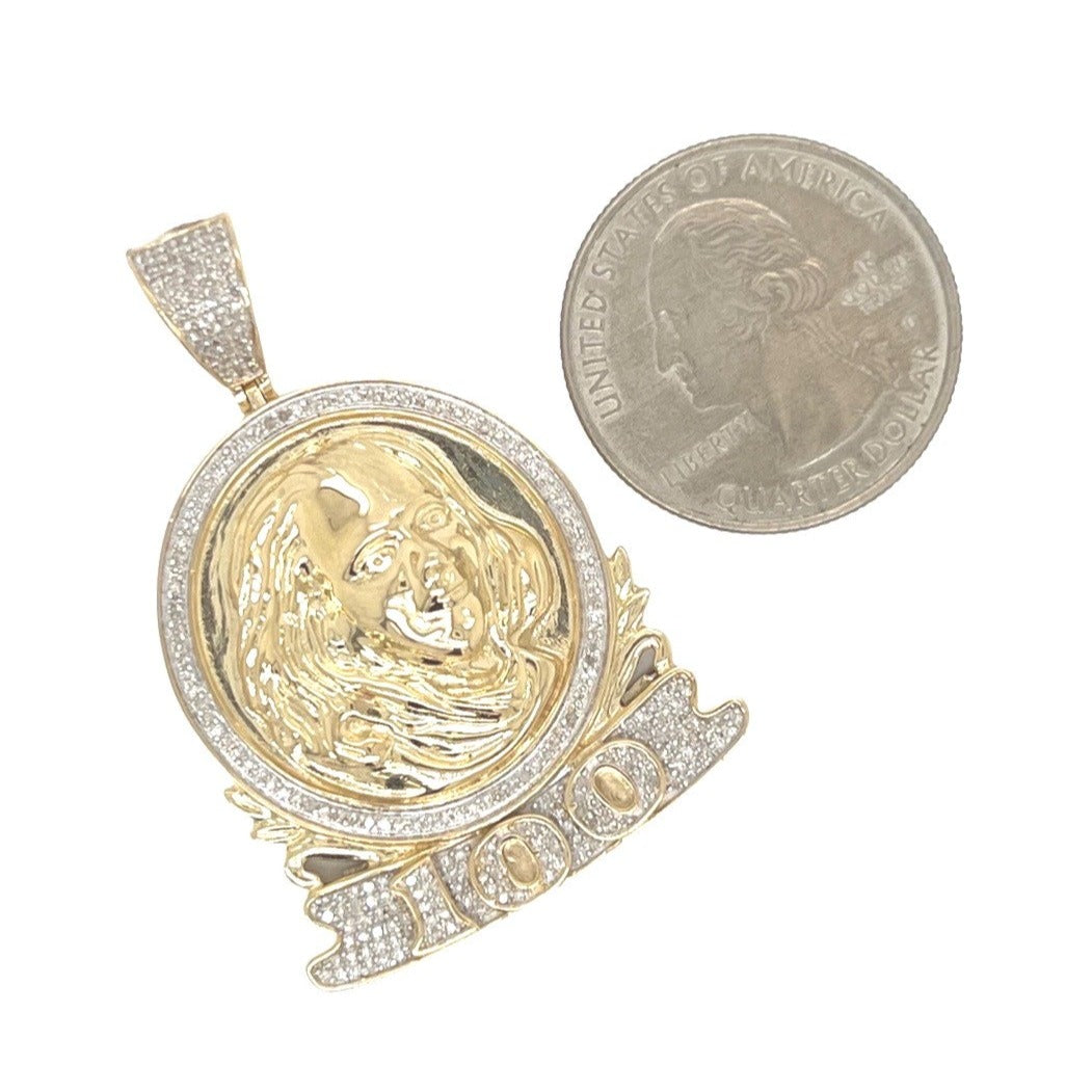 10K Yellow Gold Benjamin Franklin Head 100 Diamond Pendant 0.55 CT 1.75"