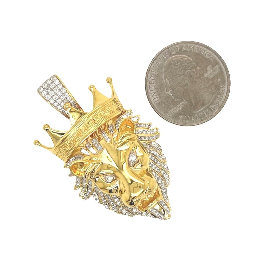 10K Yellow Gold Lion Crown Head VS Diamond Pendant 1.25 CT 2"