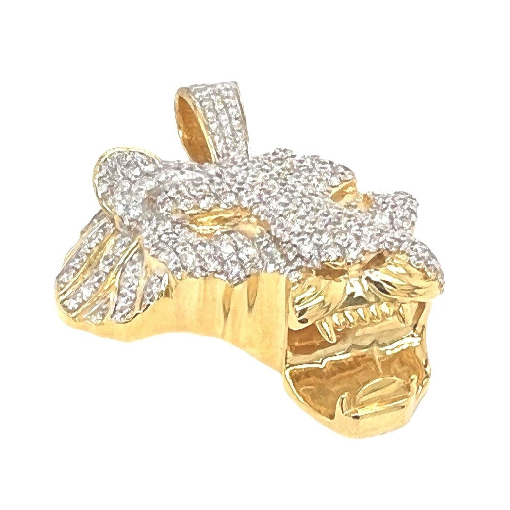 10K Yellow Gold Africa Map Lion Head VS Diamond Pendant 3.5 CT 1.75"