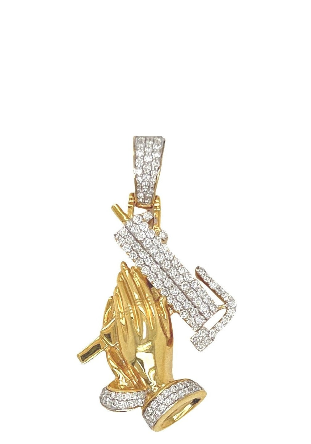 10K Yellow Gold Praying Hands with Uzi Gun VS Diamond Pendant 1.05 CT 1.75"