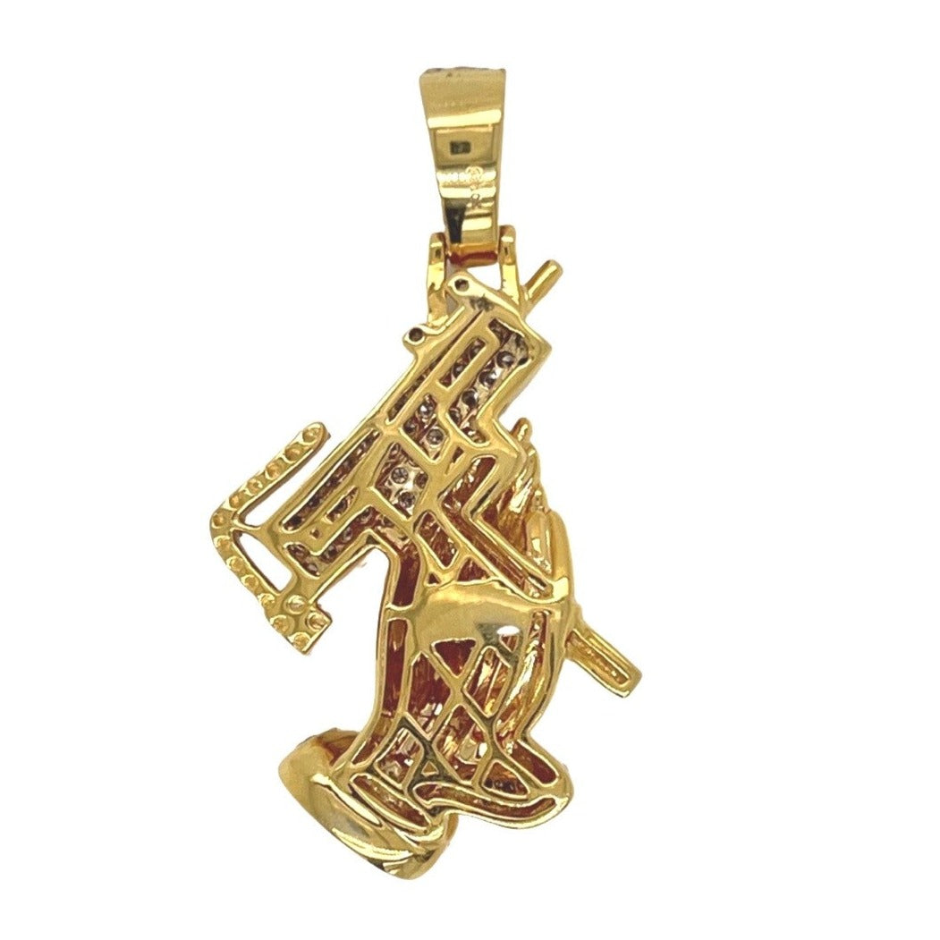 10K Yellow Gold Praying Hands with Uzi Gun VS Diamond Pendant 1.05 CT 1.75"