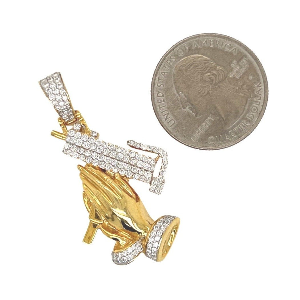 10K Yellow Gold Praying Hands with Uzi Gun VS Diamond Pendant 1.05 CT 1.75"