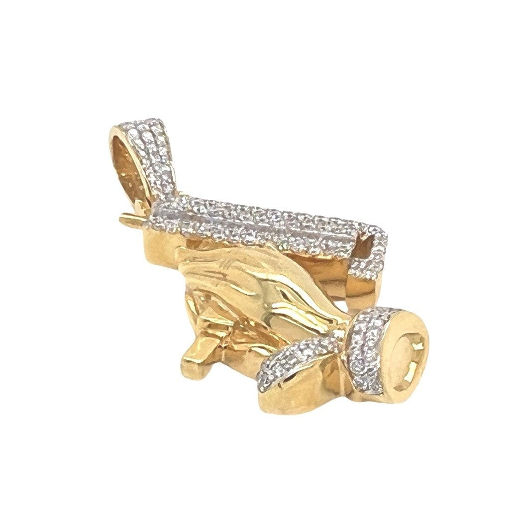 10K Yellow Gold Praying Hands with Uzi Gun VS Diamond Pendant 1.05 CT 1.75"