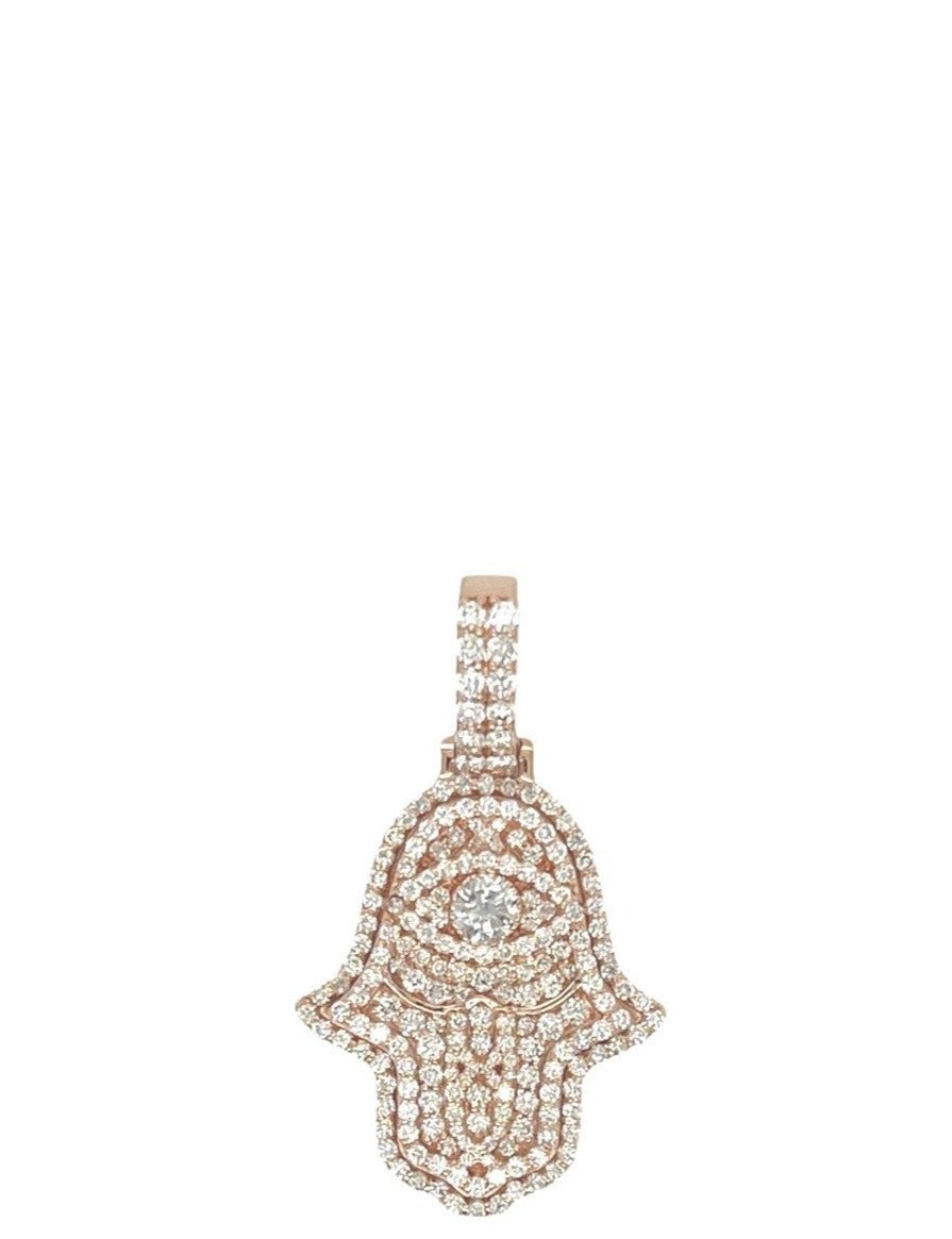 14K Rose Gold 3D Hamsa Evil Eye VS Diamond Pendant 1.6 CT 1.4"
