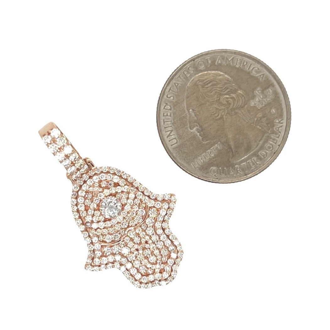 14K Rose Gold 3D Hamsa Evil Eye VS Diamond Pendant 1.6 CT 1.4"