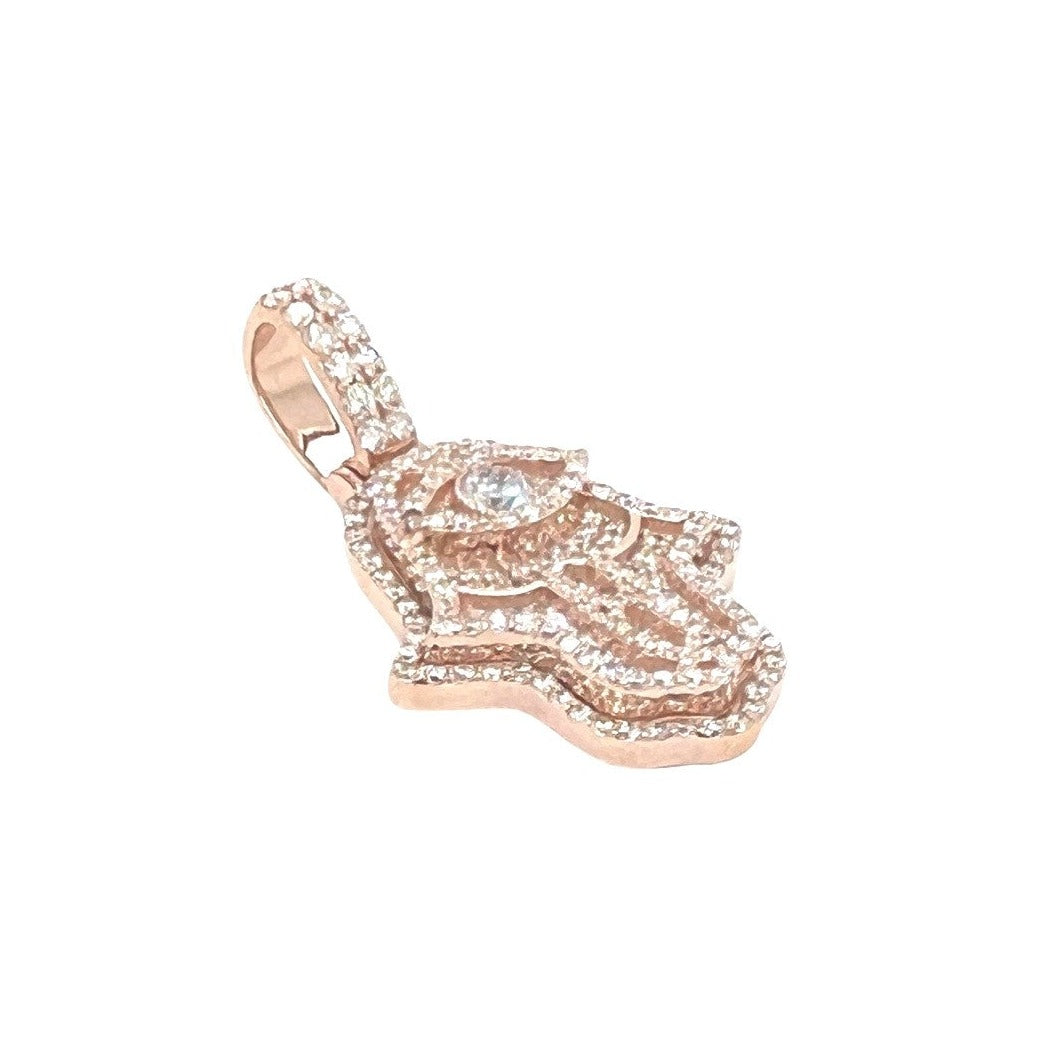 14K Rose Gold 3D Hamsa Evil Eye VS Diamond Pendant 1.6 CT 1.4"