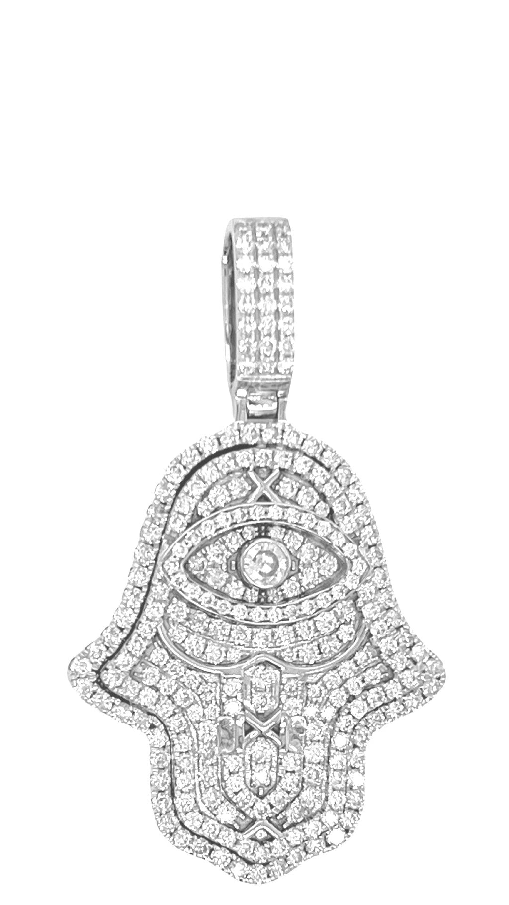 14K White Gold 3D Hamsa Evil Eye VS Diamond Pendant 2.85 CT 1.85"