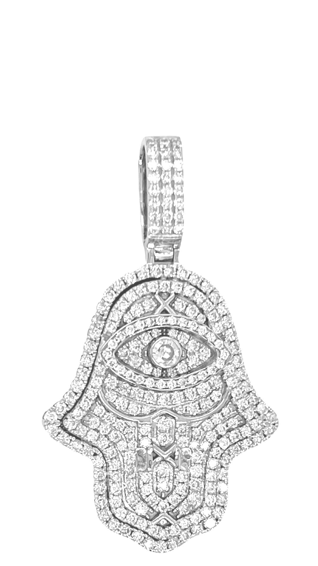 14K White Gold 3D Hamsa Evil Eye VS Diamond Pendant 2.85 CT 1.85"