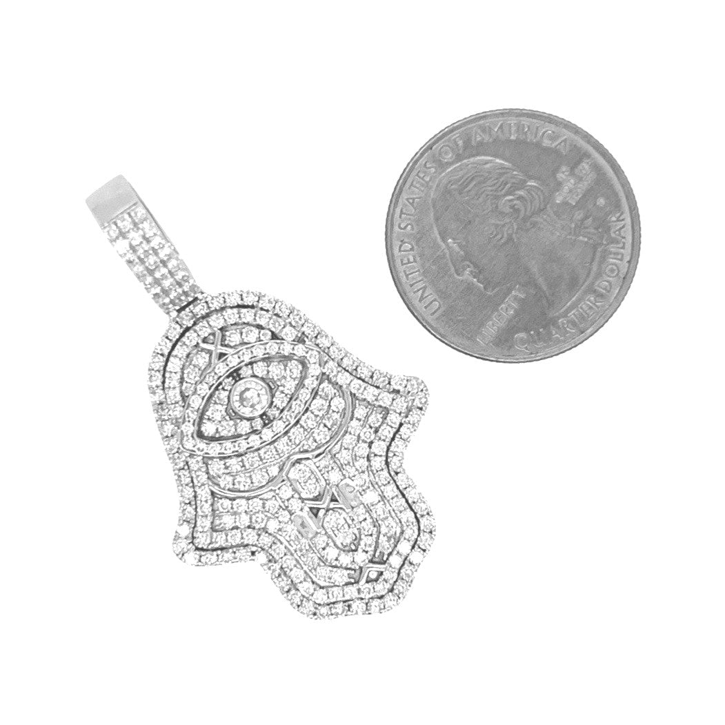 14K White Gold 3D Hamsa Evil Eye VS Diamond Pendant 2.85 CT 1.85"