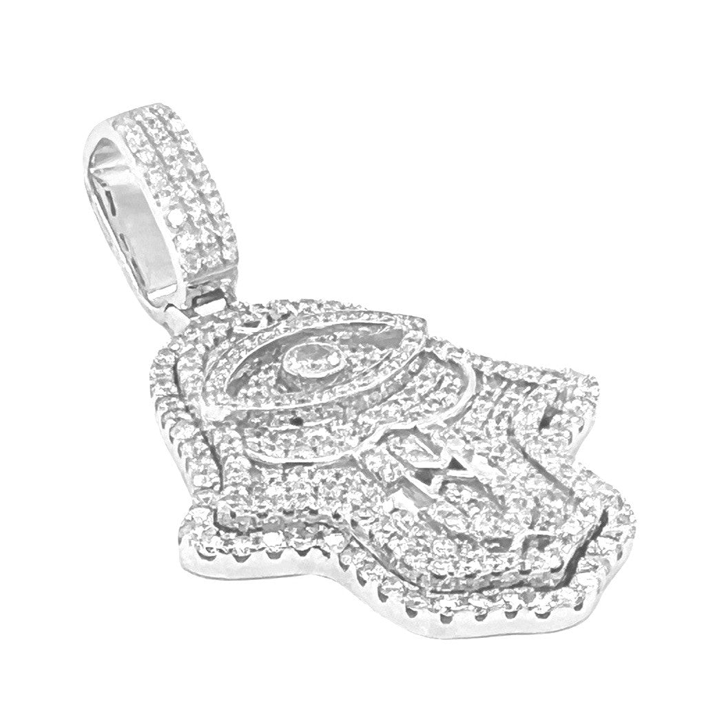 14K White Gold 3D Hamsa Evil Eye VS Diamond Pendant 2.85 CT 1.85"