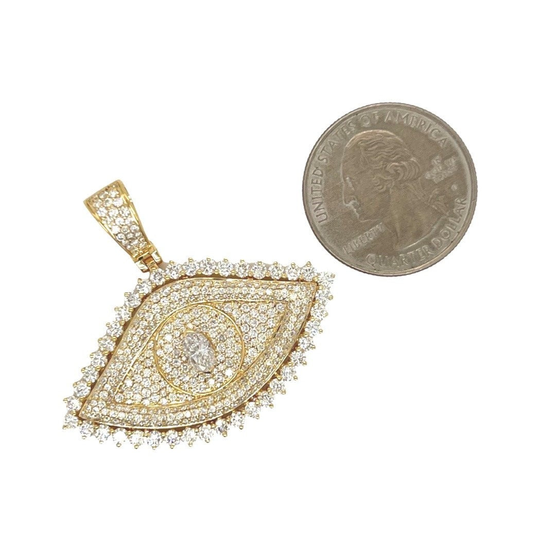 10K Yellow Gold 3D Evil Eye Marquise Solitaire VS Diamond Pendant 4.0 CT 1.45"
