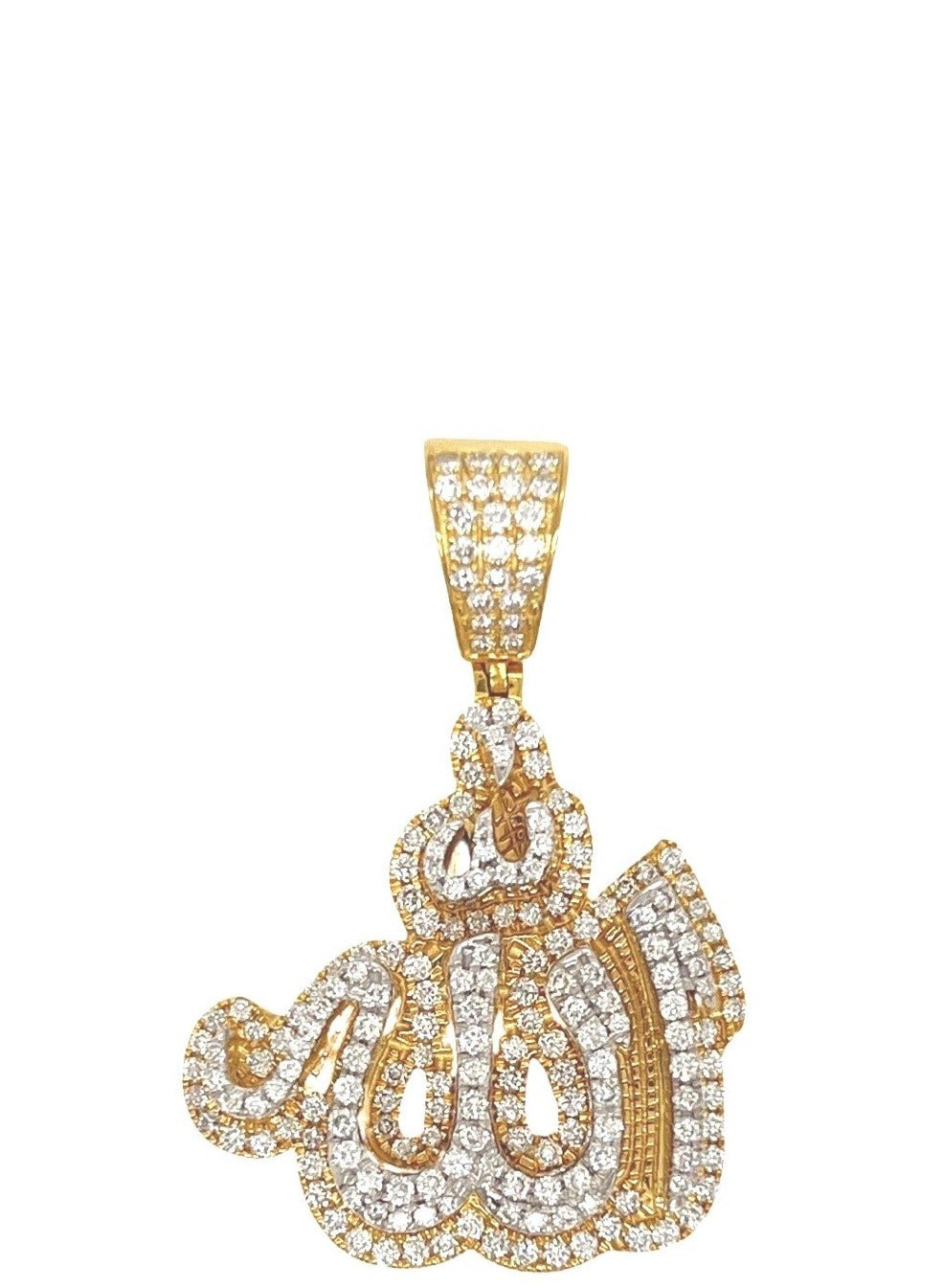 10K Yellow White Gold 3D Arabic Allah Diamond Pendant 2.3 CT 1.75"