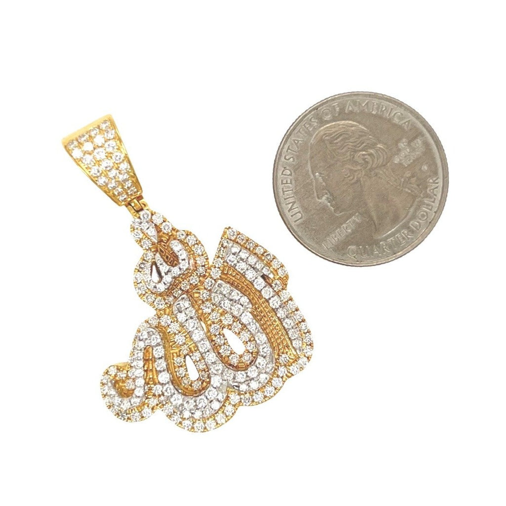 10K Yellow White Gold 3D Arabic Allah Diamond Pendant 2.3 CT 1.75"