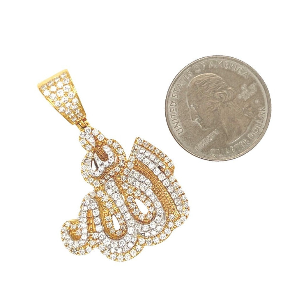 10K Yellow White Gold 3D Arabic Allah Diamond Pendant 2.3 CT 1.75"