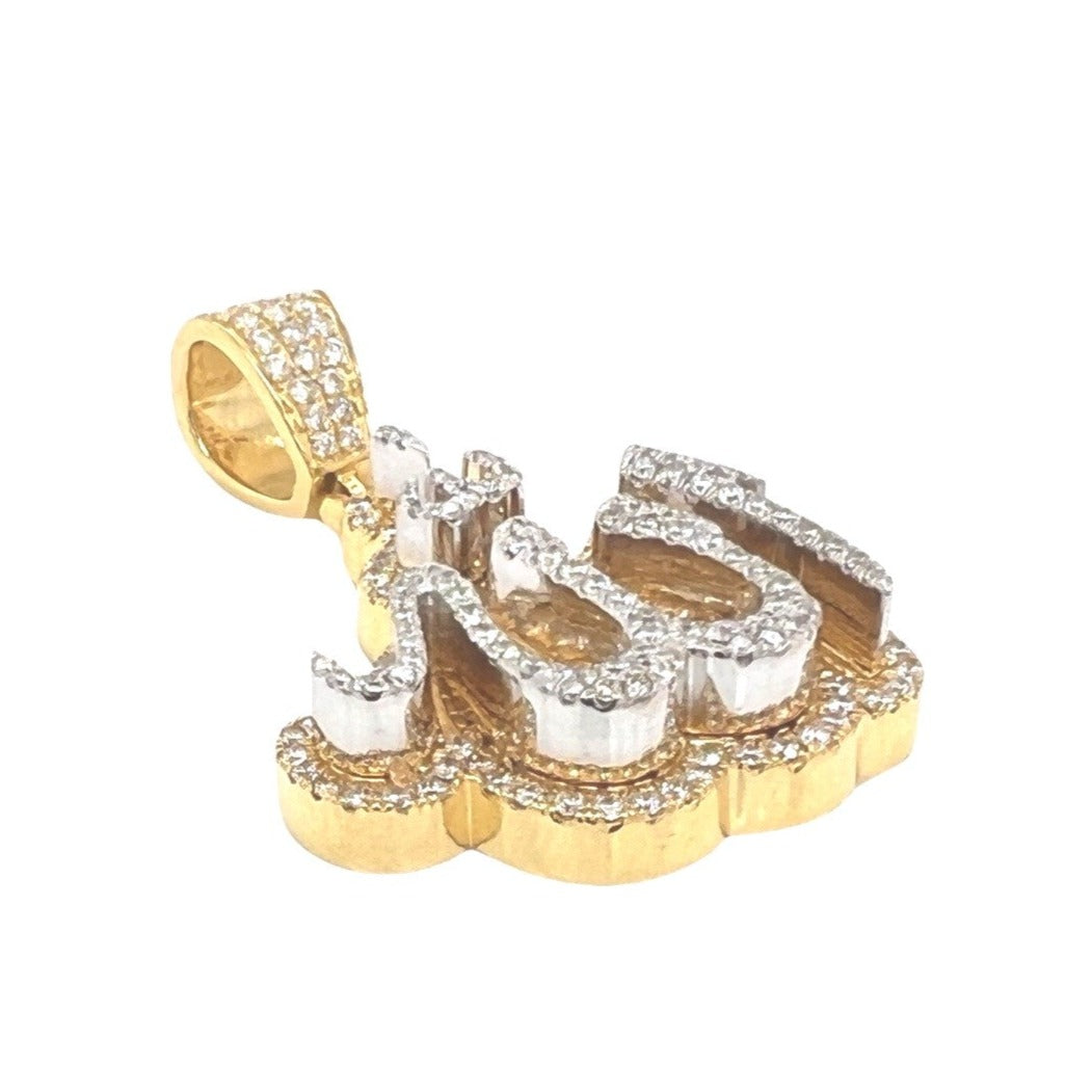 10K Yellow White Gold 3D Arabic Allah Diamond Pendant 2.3 CT 1.75"