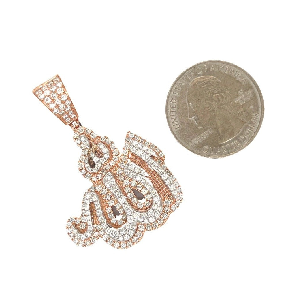 10K Rose White Gold 3D Arabic Allah Diamond Pendant 2.3 CT 1.75"