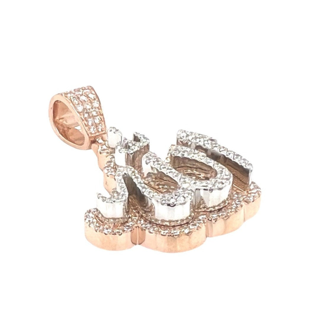 10K Rose White Gold 3D Arabic Allah Diamond Pendant 2.3 CT 1.75"