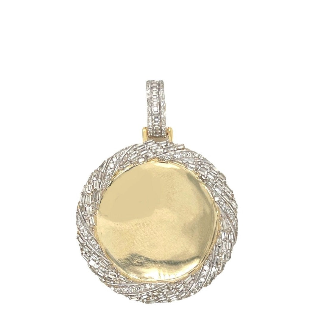 10K Yellow Gold Round Memory Frame Baguette Diamond Pendant 1.9 CT 1.75"