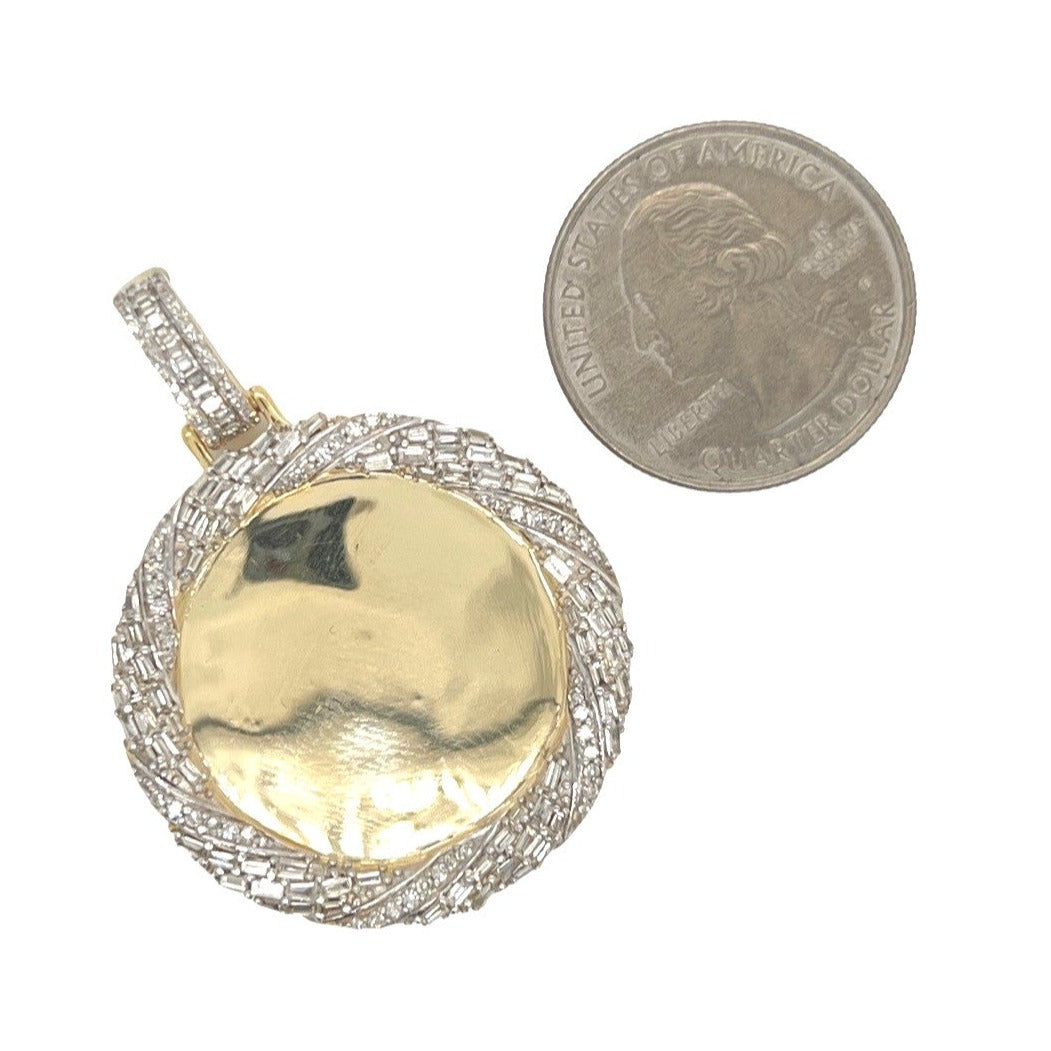 10K Yellow Gold Round Memory Frame Baguette Diamond Pendant 1.9 CT 1.75"