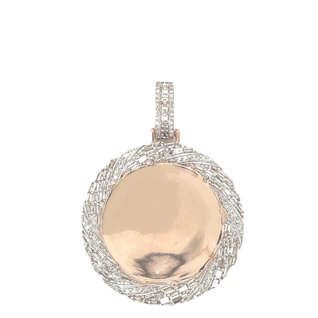 10K Rose Gold Round Memory Frame Baguette Diamond Pendant 2.03 CT 1.75"