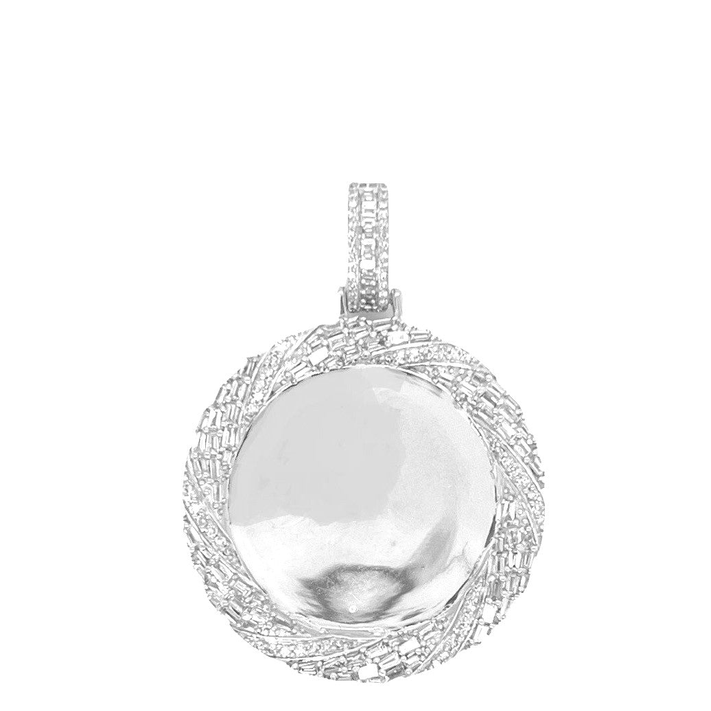 10K White Gold Round Memory Frame Baguette Diamond Pendant 1.97 CT 1.75"