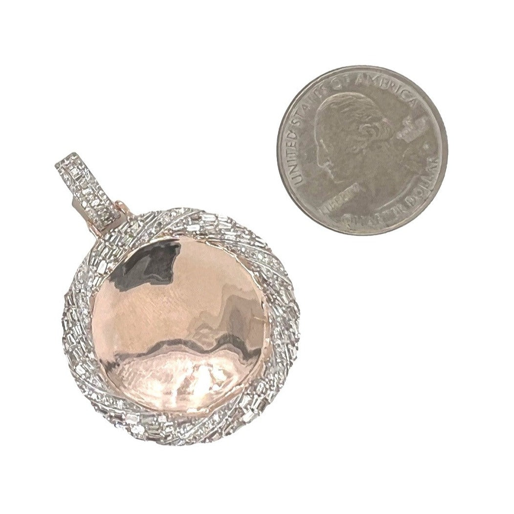 10K Rose Gold Round Memory Frame Baguette Diamond Pendant 2.03 CT 1.75"