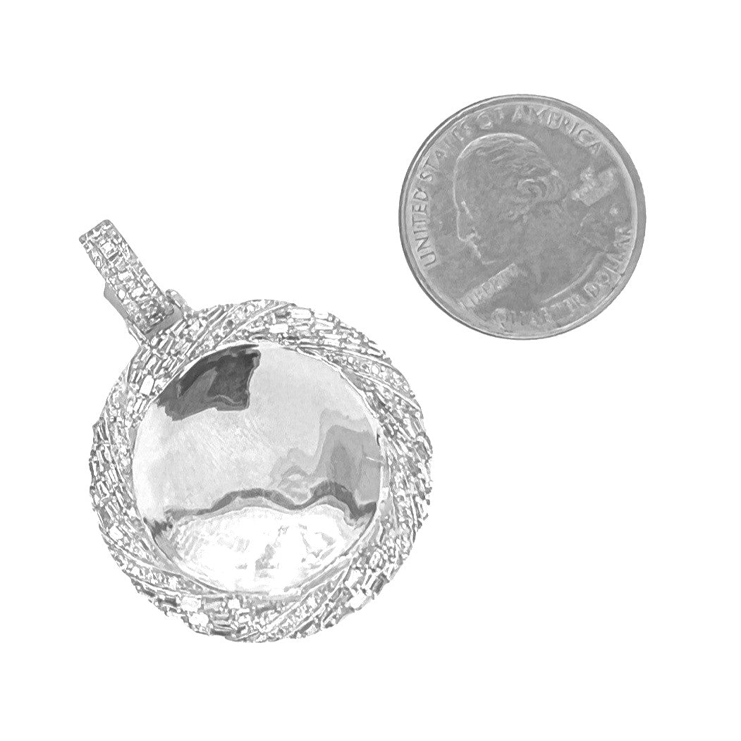 10K White Gold Round Memory Frame Baguette Diamond Pendant 1.97 CT 1.75"