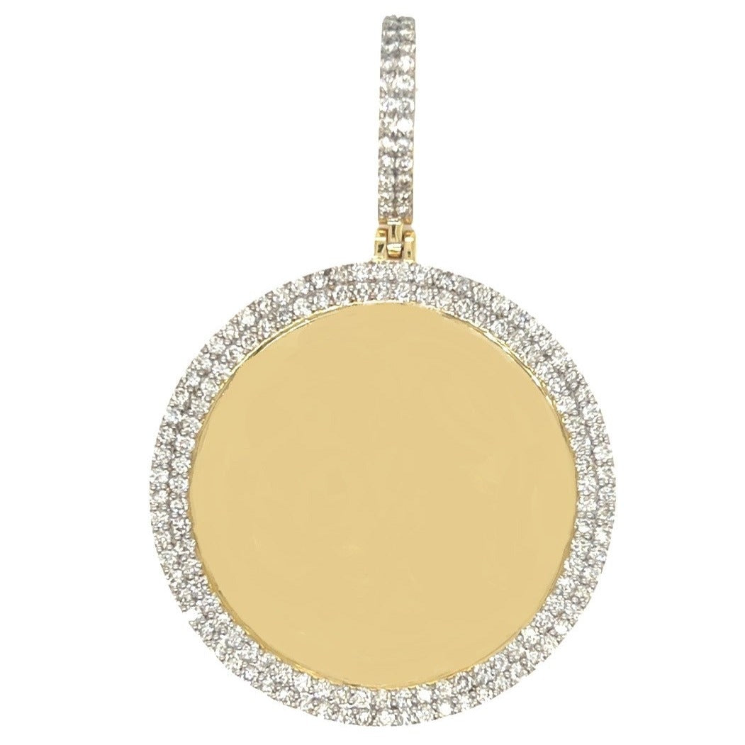10K Yellow Gold Round Memory Frame 2 Row VS Diamond Pendant 2.68 CT 2.3"