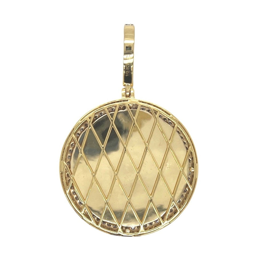 10K Yellow Gold Round Memory Frame 2 Row VS Diamond Pendant 2.68 CT 2.3"